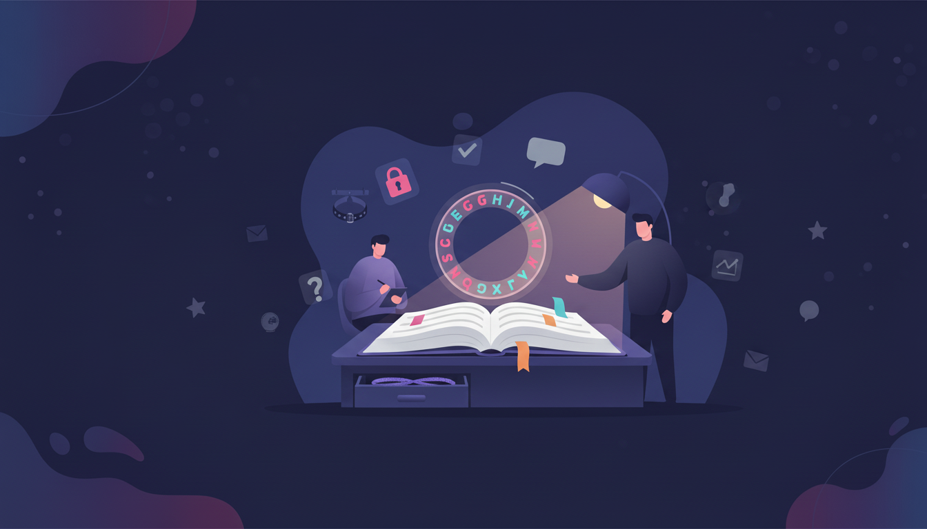 Illustratie van een BDSM woordenboek met iconen voor consent en communicatie op een bureau in een sfeervolle paarse kamer.