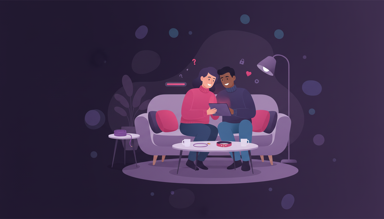 Illustratie van een koppel op de bank die samen kijken naar een tablet denkend over BDSM in een sfeervolle paarse kamer. BDSM kink fetisj veilig ontdekken