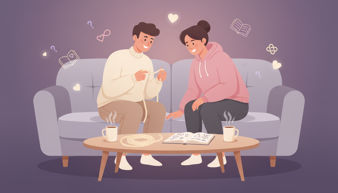 Illustratie van twee personen die samen op een sofa leren over rope bondage, in een rustige en veilige setting met een rol touw op tafel en zachte symbolen van nieuwsgierigheid en verbinding.